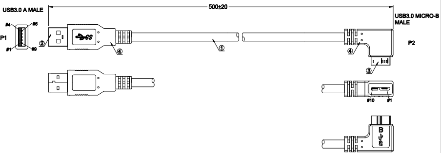 USB3 A/M to micro B/M side angle